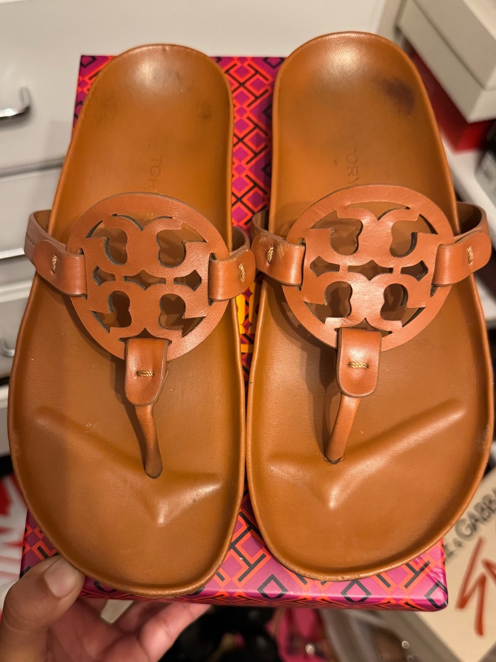 Tory Burch Tan Leather Logo Thong Sandals